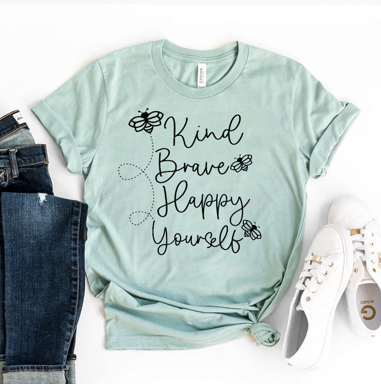 A stylish Kind Brave Happy Yourself T-shirt made from premium ring spun cotton, featuring a vibrant flex print design.