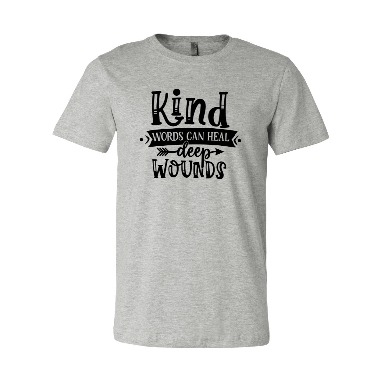 Unisex T-shirt featuring the phrase 'Kind Words Can Heal Deep Wounds' in a stylish design, available in multiple colors.