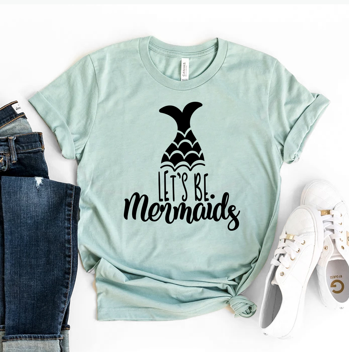 Let's Be Mermaids T-shirt made of premium ring spun cotton with a vibrant print, showcasing a whimsical mermaid design.