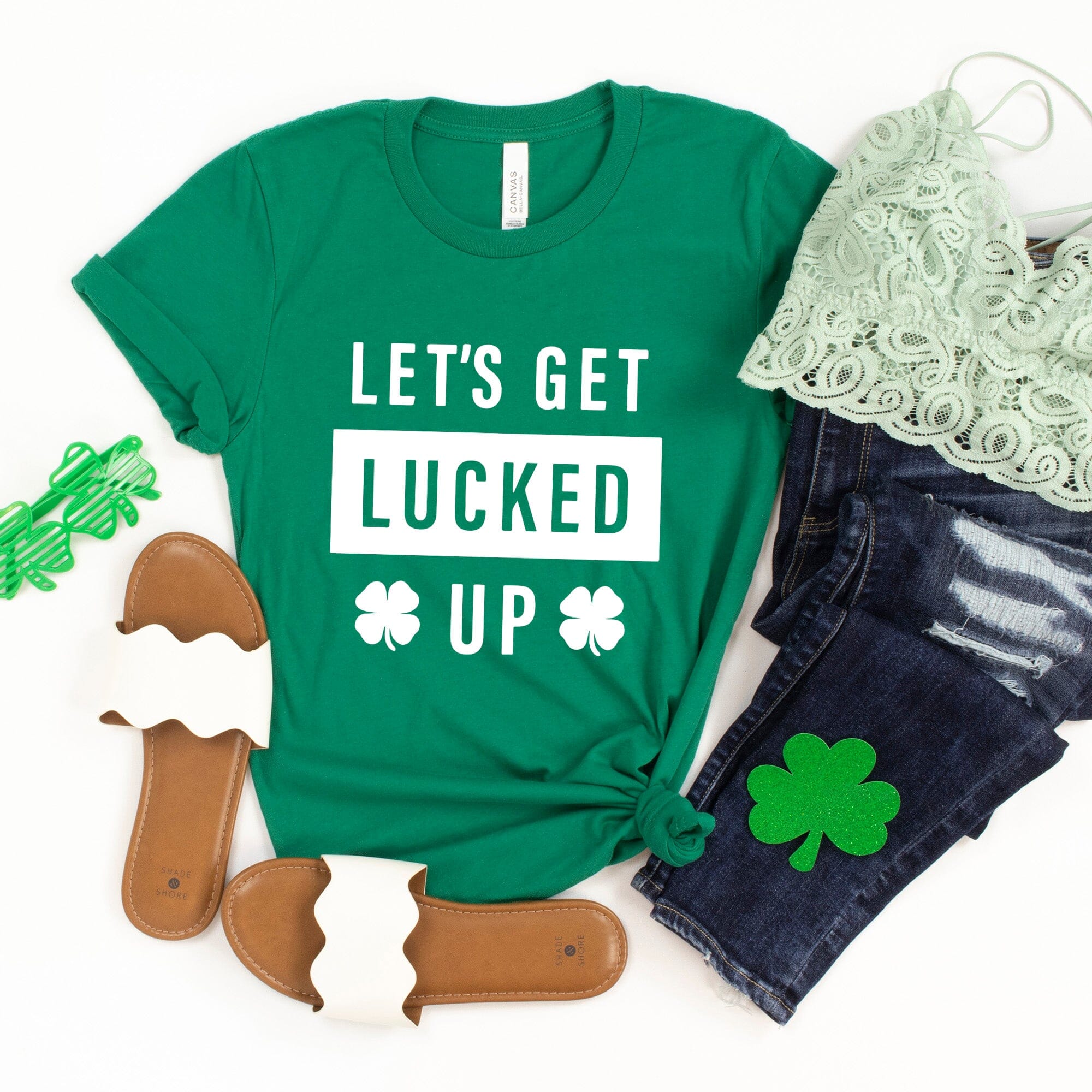 A vibrant green T-shirt with the text 'Lets Get Lucked Up' printed in a fun font, perfect for St. Patrick's Day celebrations.