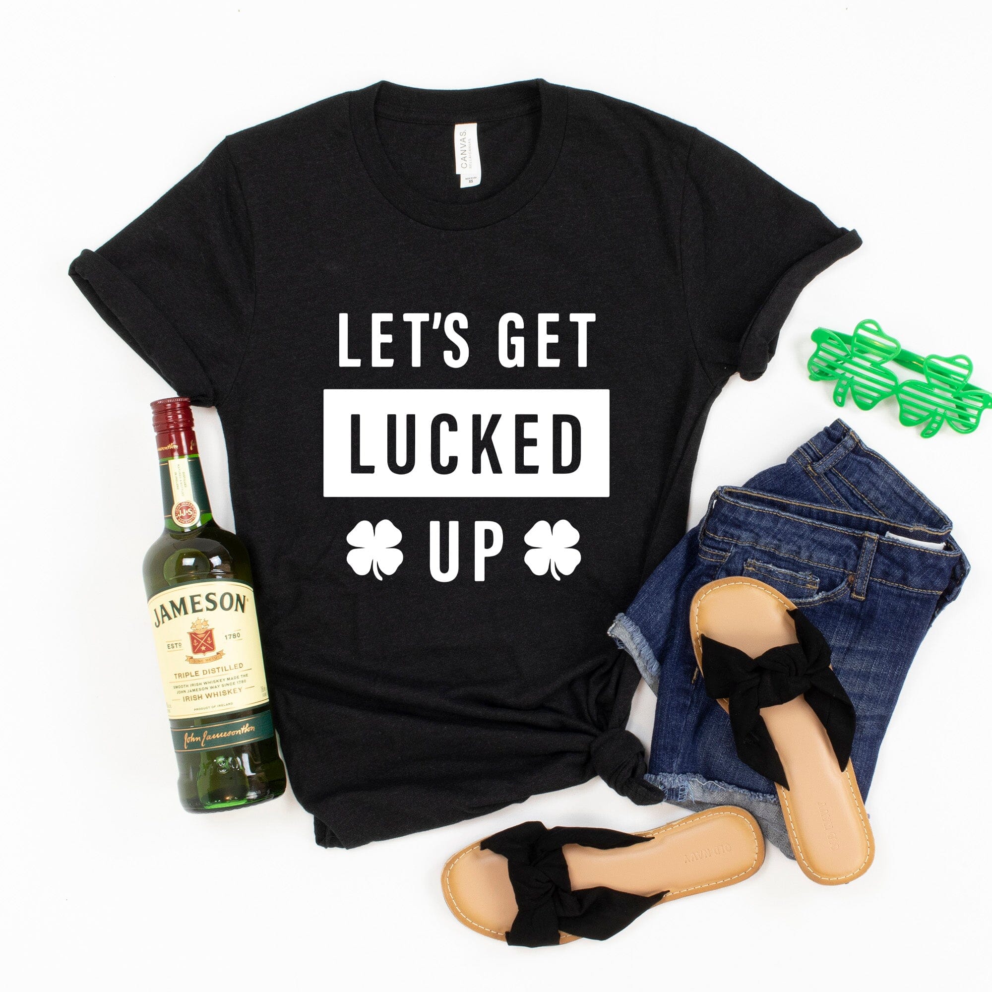 A vibrant green T-shirt with the text 'Lets Get Lucked Up' printed in a fun font, perfect for St. Patrick's Day celebrations.
