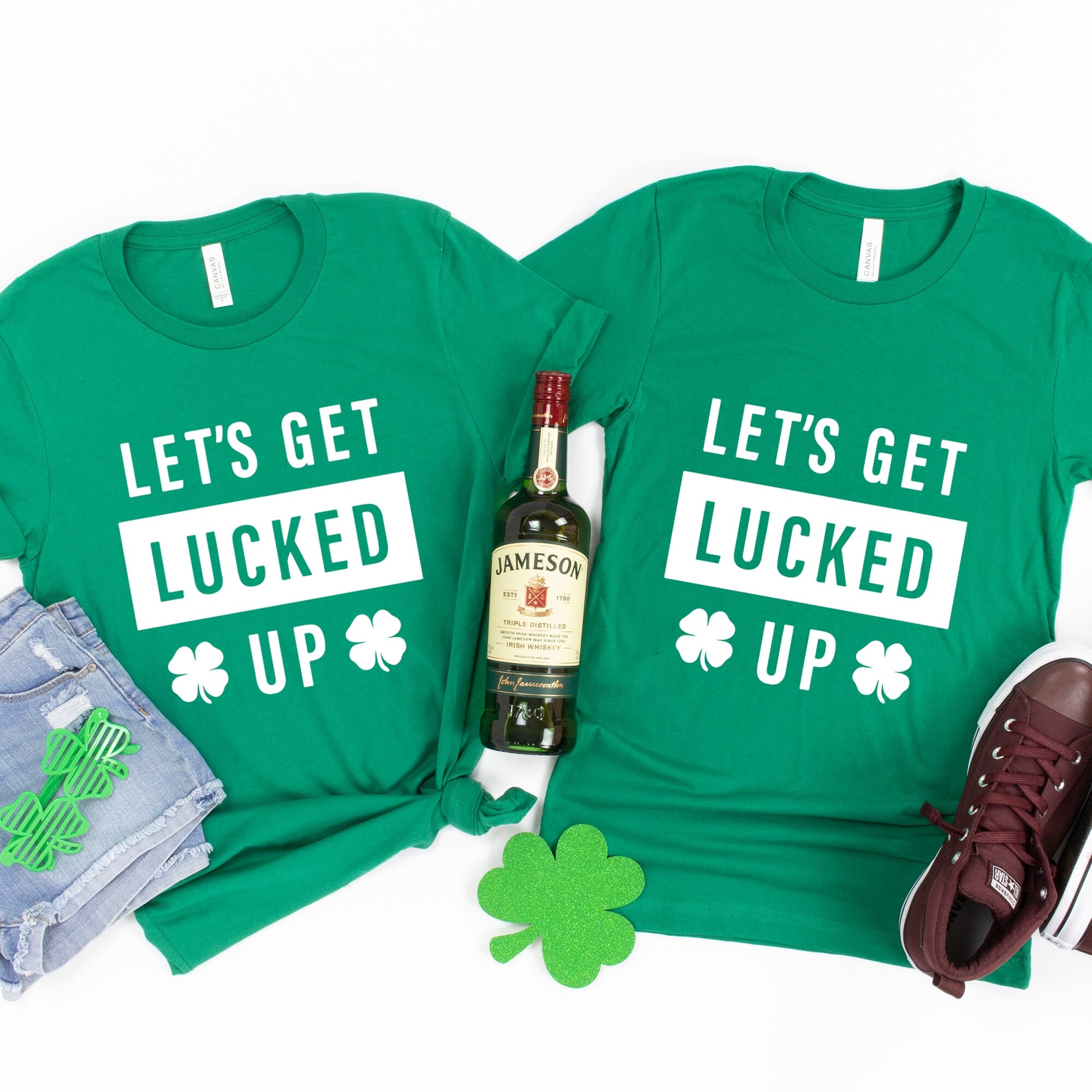 A vibrant green T-shirt with the text 'Lets Get Lucked Up' printed in a fun font, perfect for St. Patrick's Day celebrations.