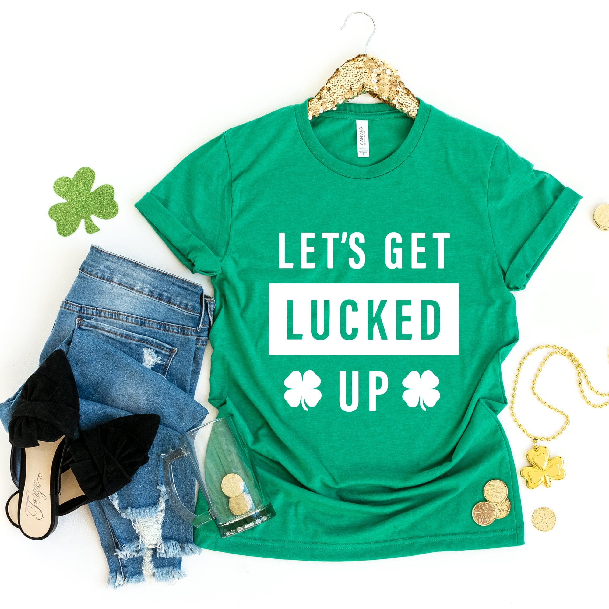 A vibrant green T-shirt with the text 'Lets Get Lucked Up' printed in a fun font, perfect for St. Patrick's Day celebrations.
