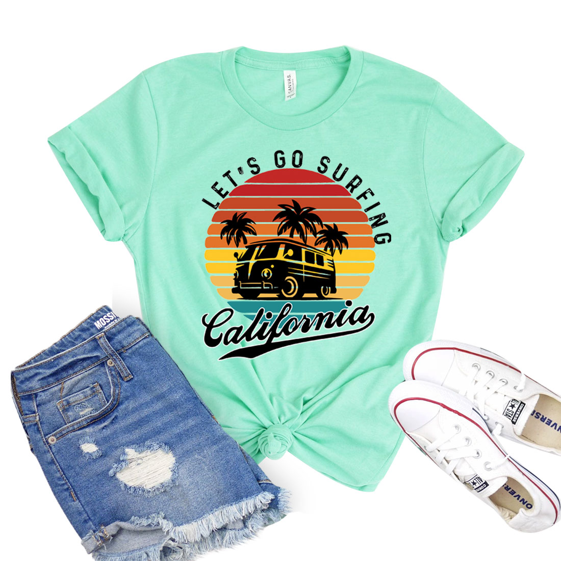 A stylish unisex Let's Go Surfing T-shirt made from soft airlume cotton, perfect for beach lovers and casual wear.