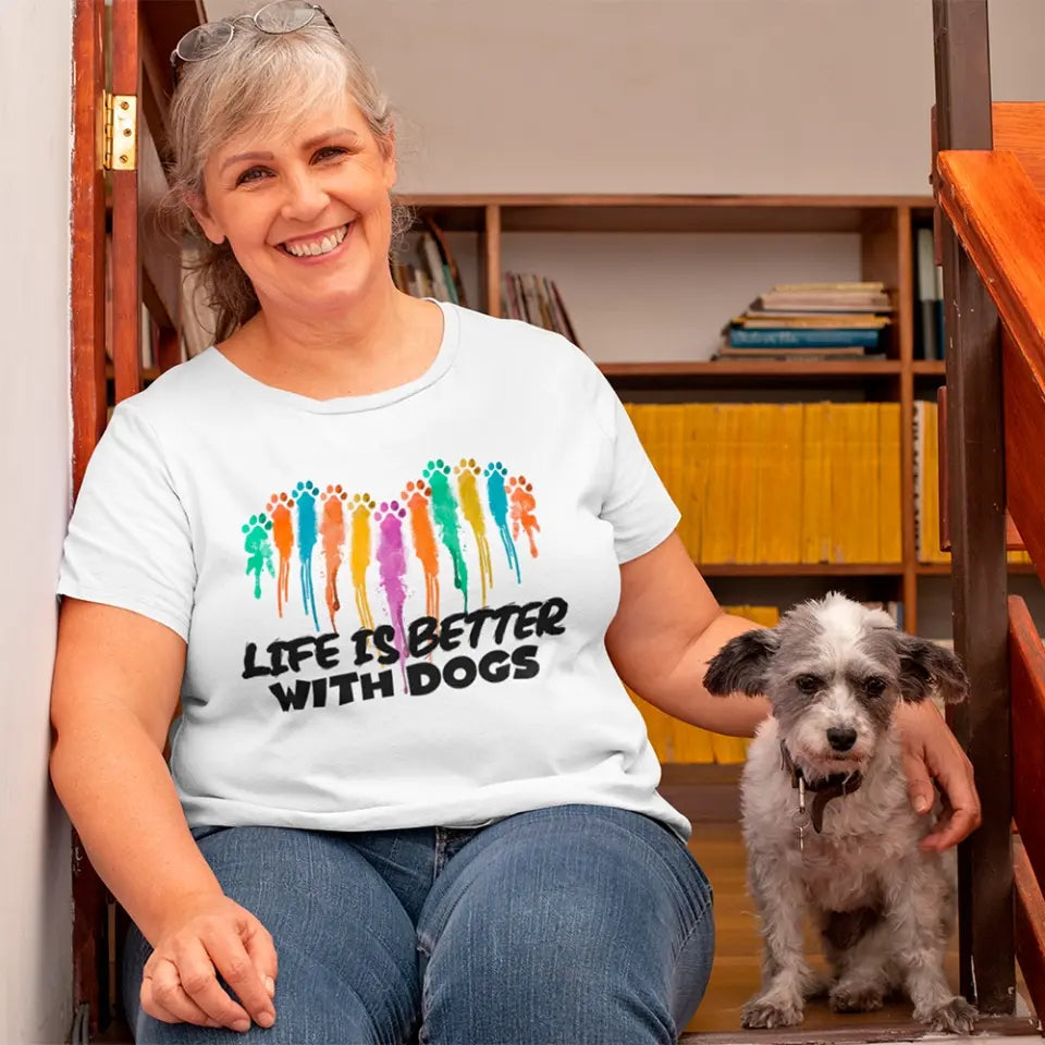 Unisex tee featuring the phrase 'Life is Better With Dogs', designed for dog lovers, made from soft ringspun cotton.