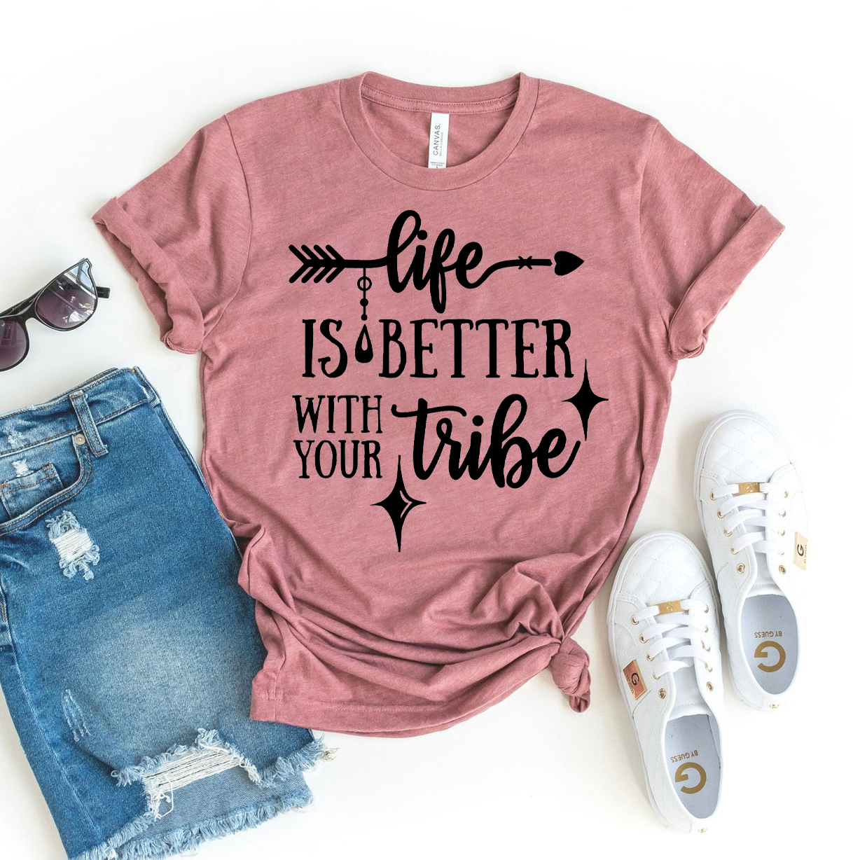 A stylish 'Life Is Better With Your Tribe' T-shirt made from premium ring spun cotton, featuring a vibrant flex print design.