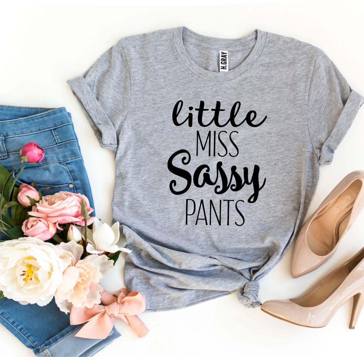 Little Miss Sassy Pants T-shirt made of premium ring spun cotton with a playful design, available in various sizes.
