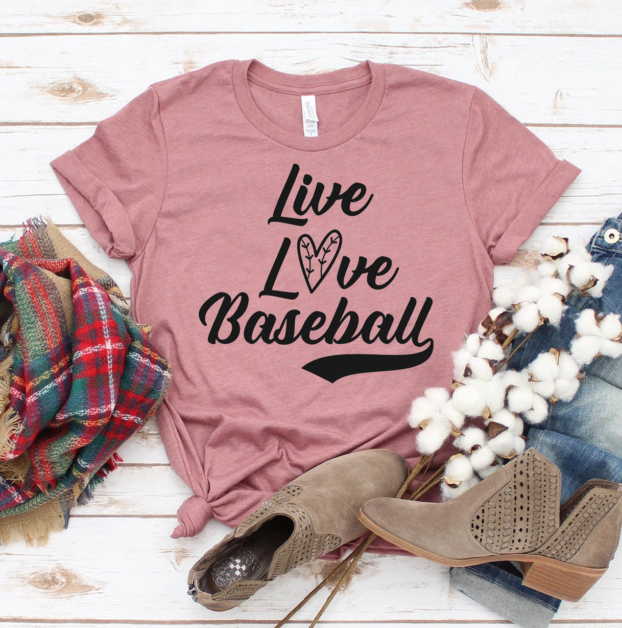 Live Love Baseball T-shirt made of premium ring spun cotton with a stylish flex print design.