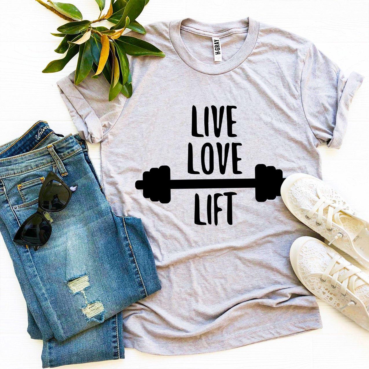 Live Love Lift T-shirt made of premium ring spun cotton, featuring a soft textile flex print design.