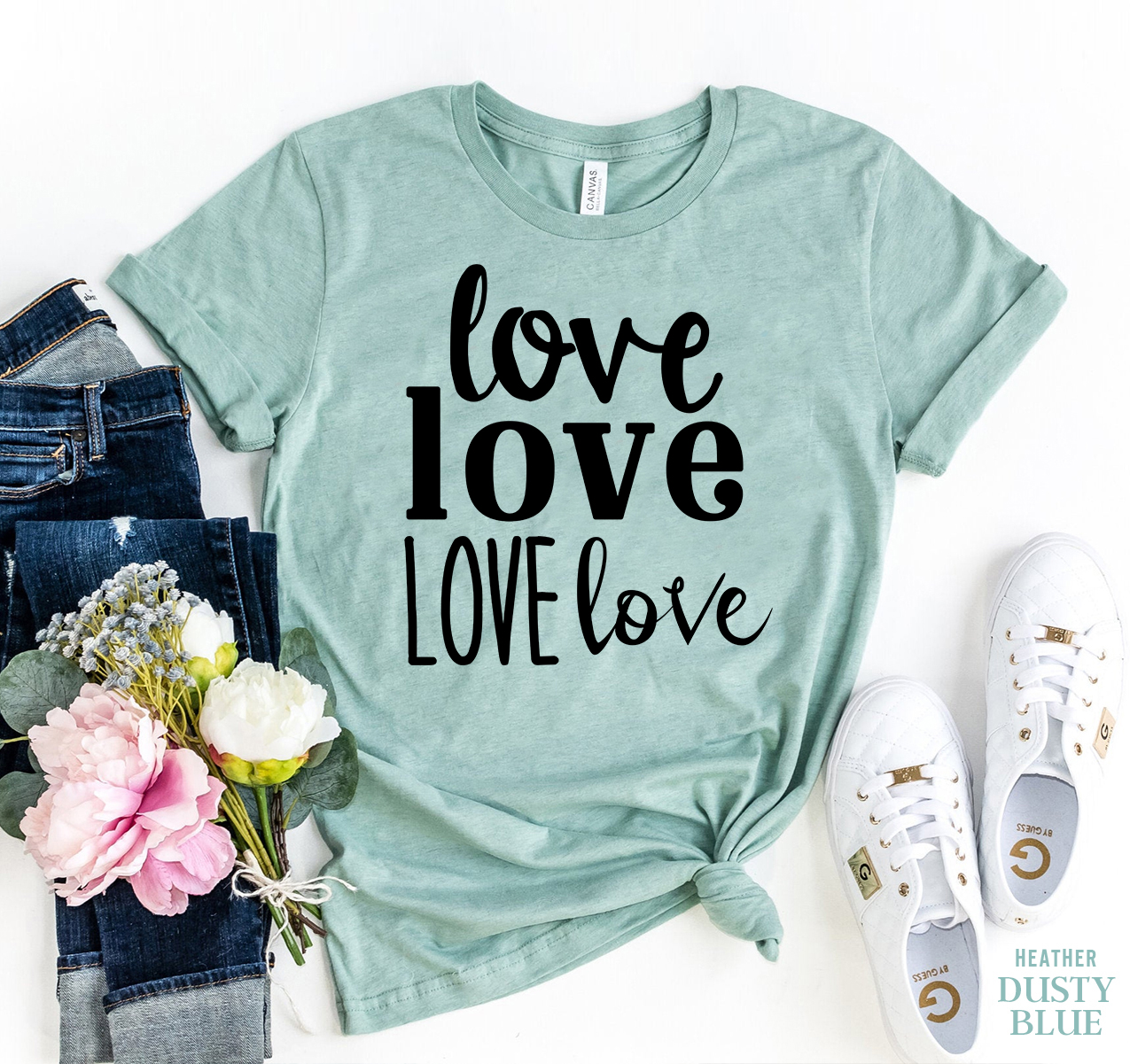 Love Love Love T-shirt made from premium ring spun cotton, featuring a vibrant flex print design.