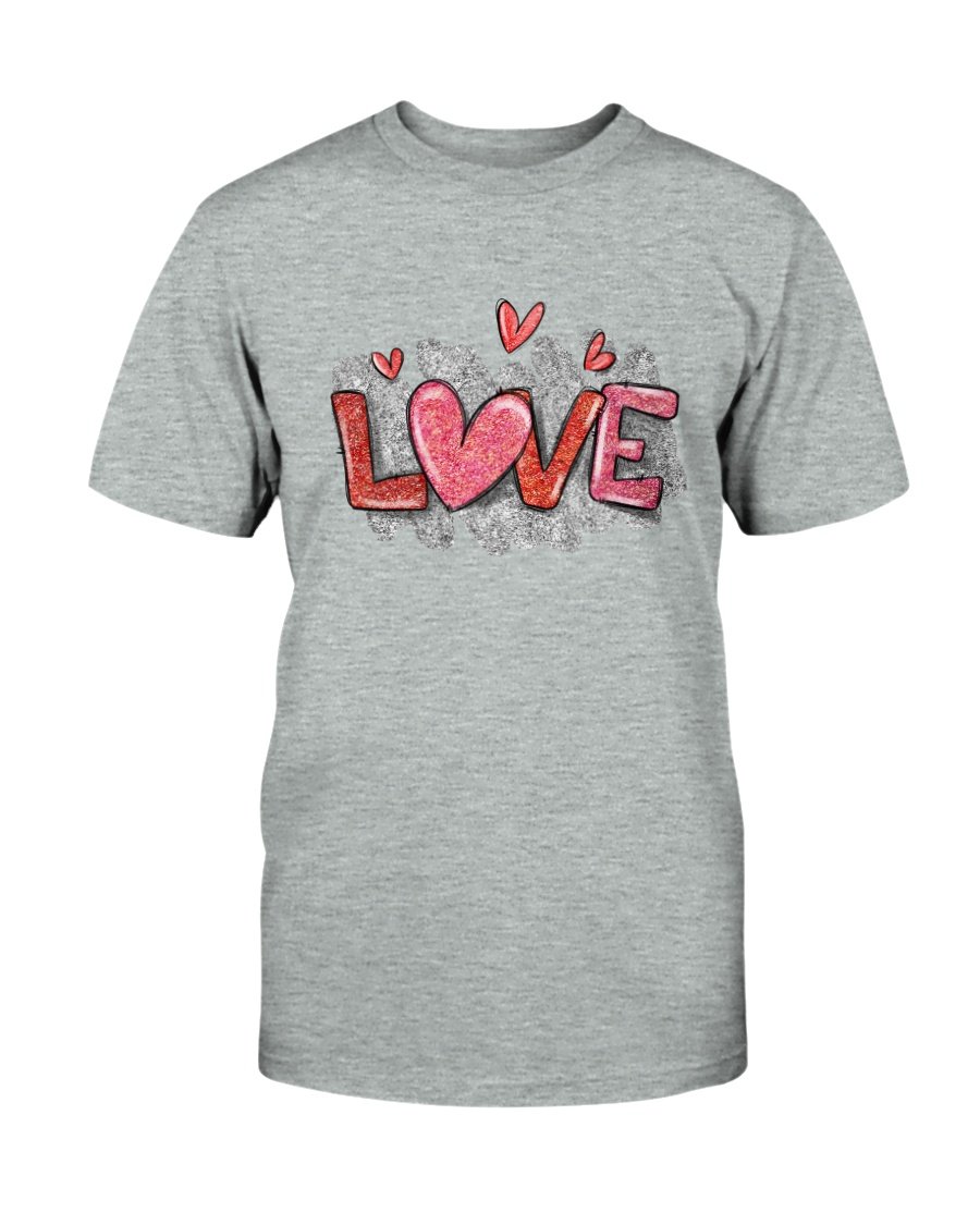 A unisex Love Shirt made from soft ring spun cotton, available in various colors and sizes, featuring a crew neck and short sleeves.