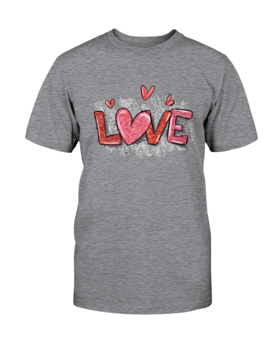 A unisex Love Shirt made from soft ring spun cotton, available in various colors and sizes, featuring a crew neck and short sleeves.
