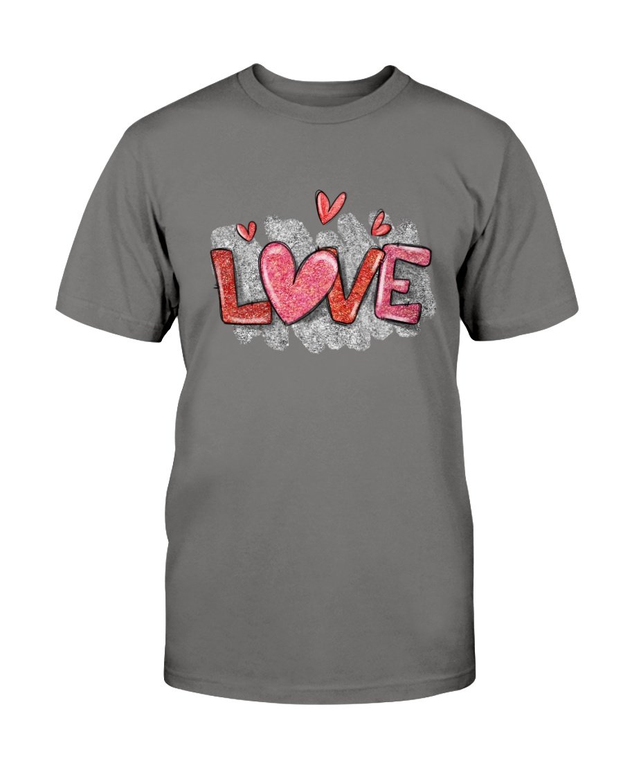 A unisex Love Shirt made from soft ring spun cotton, available in various colors and sizes, featuring a crew neck and short sleeves.