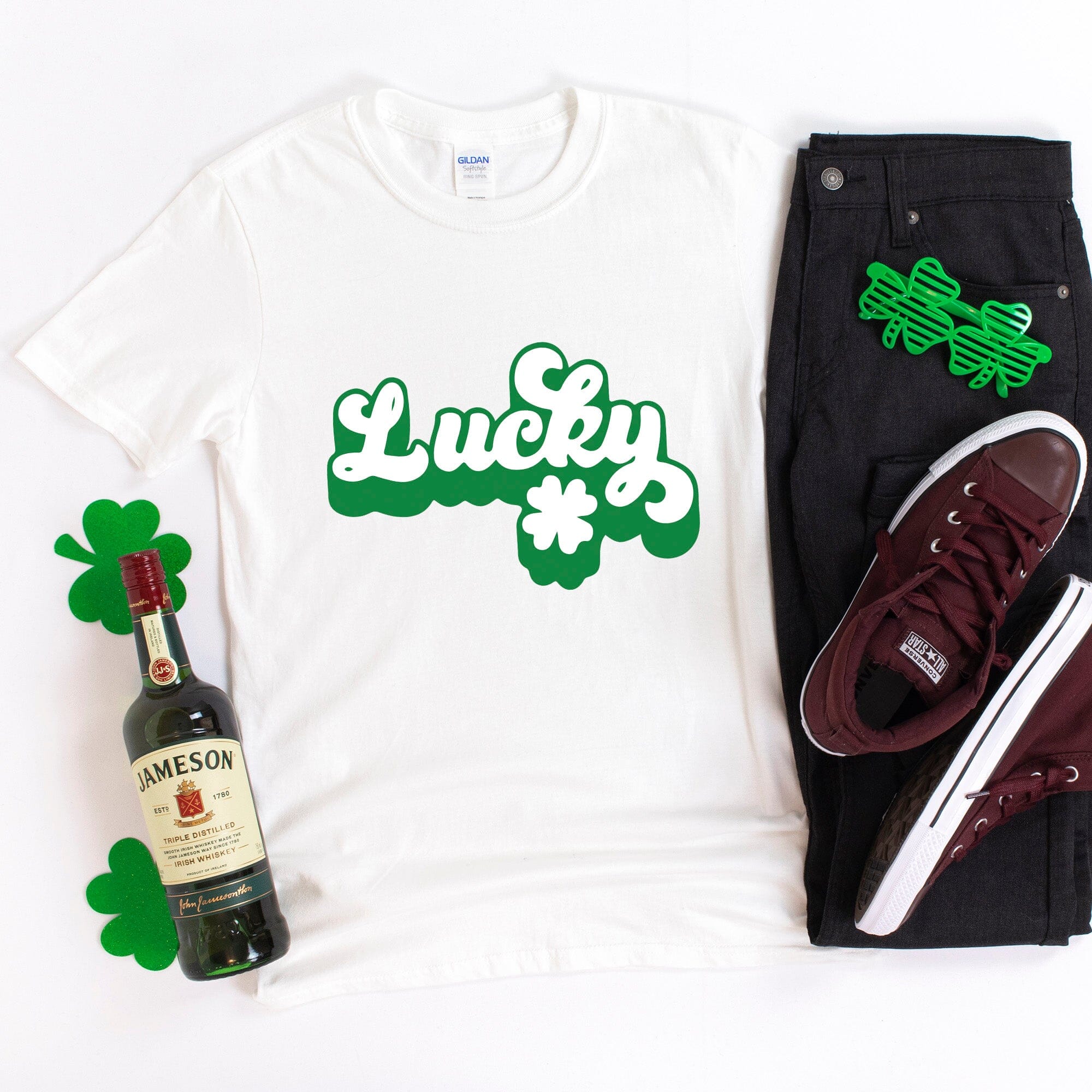 Lucky St. Patty's T-shirt in vibrant green, made from soft ringspun cotton, featuring a modern classic fit for both men and women.