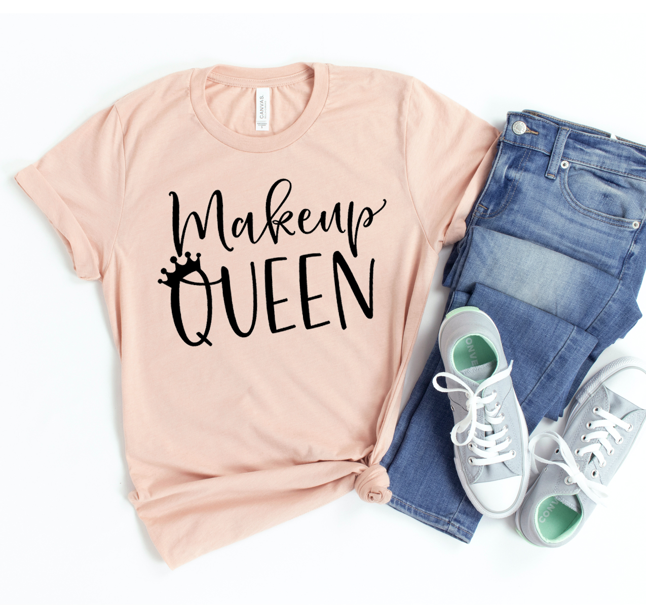 Make Up Queen T-shirt featuring a stylish design on a soft cotton fabric, available in various sizes.