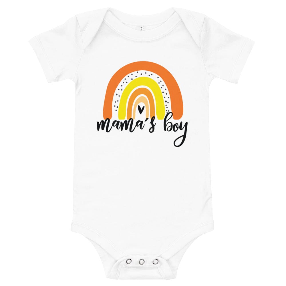 Mamas Boy Baby Onesie in rainbow colors, featuring a three-snap closure and soft cotton fabric, perfect for babies.