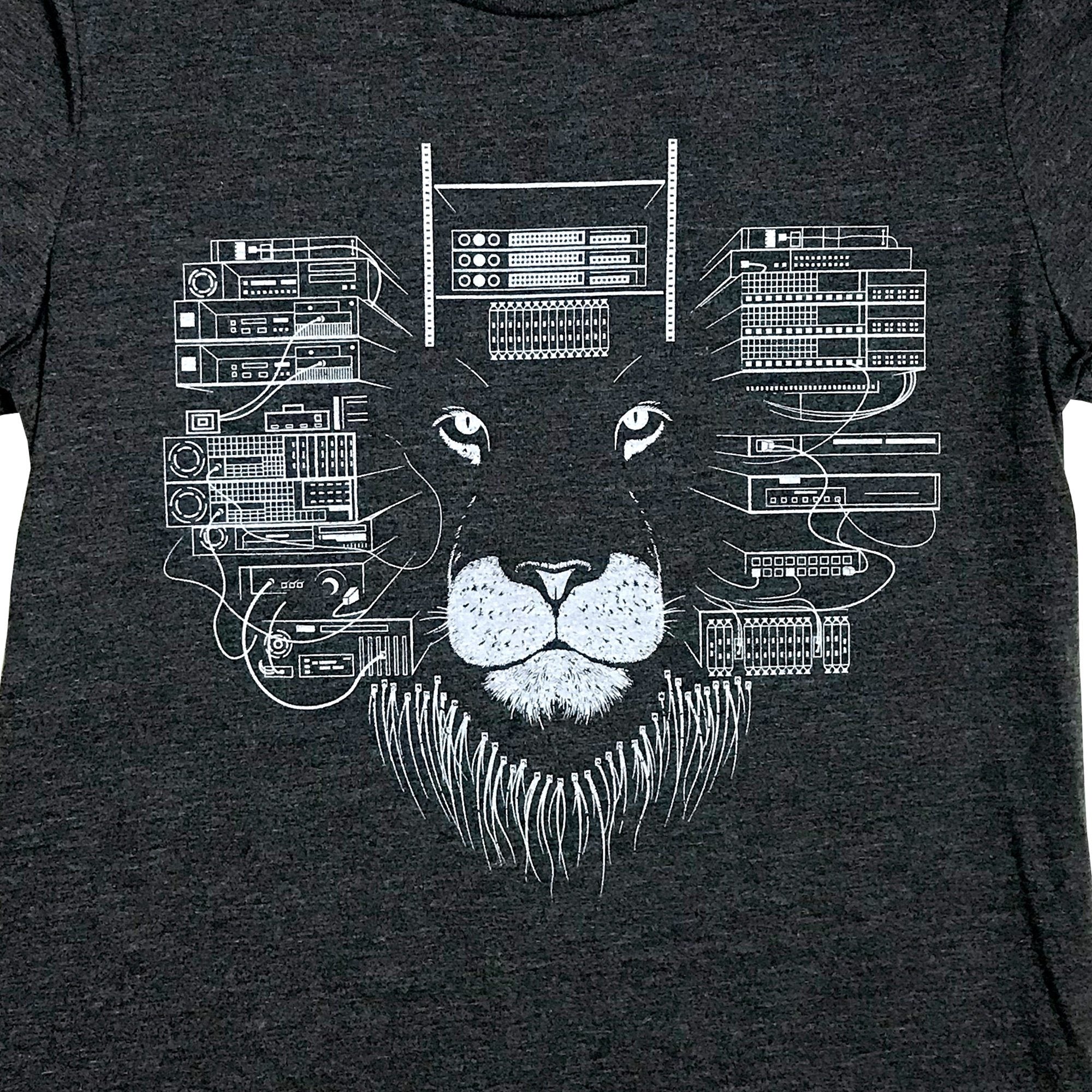 Maneframe Women's T-shirt in charcoal grey featuring a bold lion graphic, designed for tech entrepreneurs.