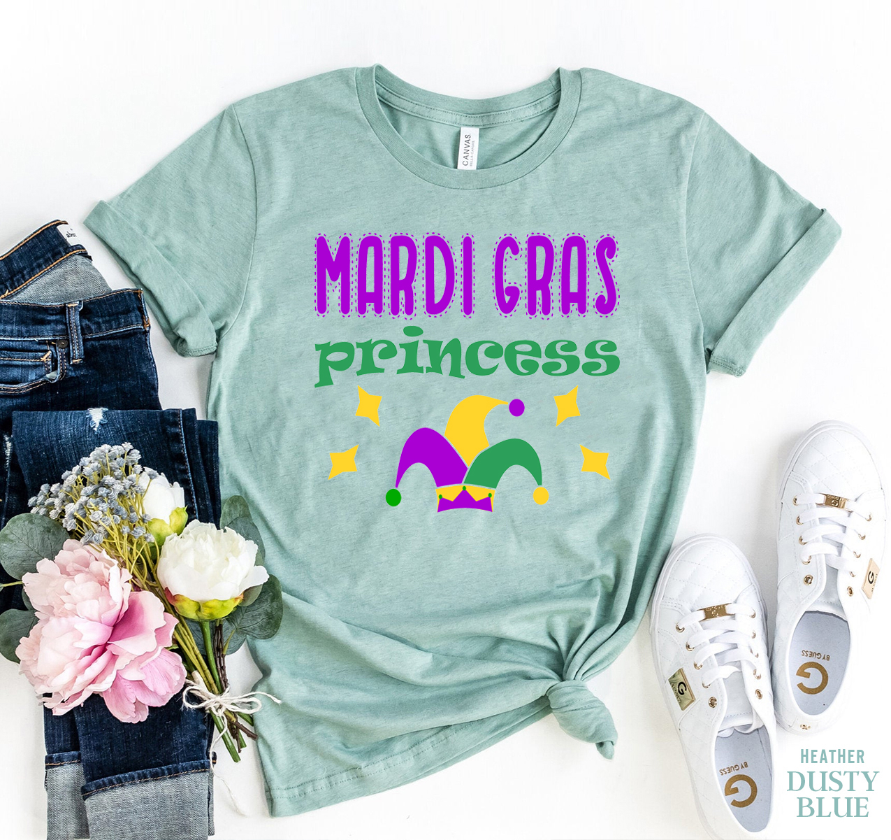 Mardi Grass Princess T-shirt made of premium ring spun cotton with vibrant design and soft textile flex print.