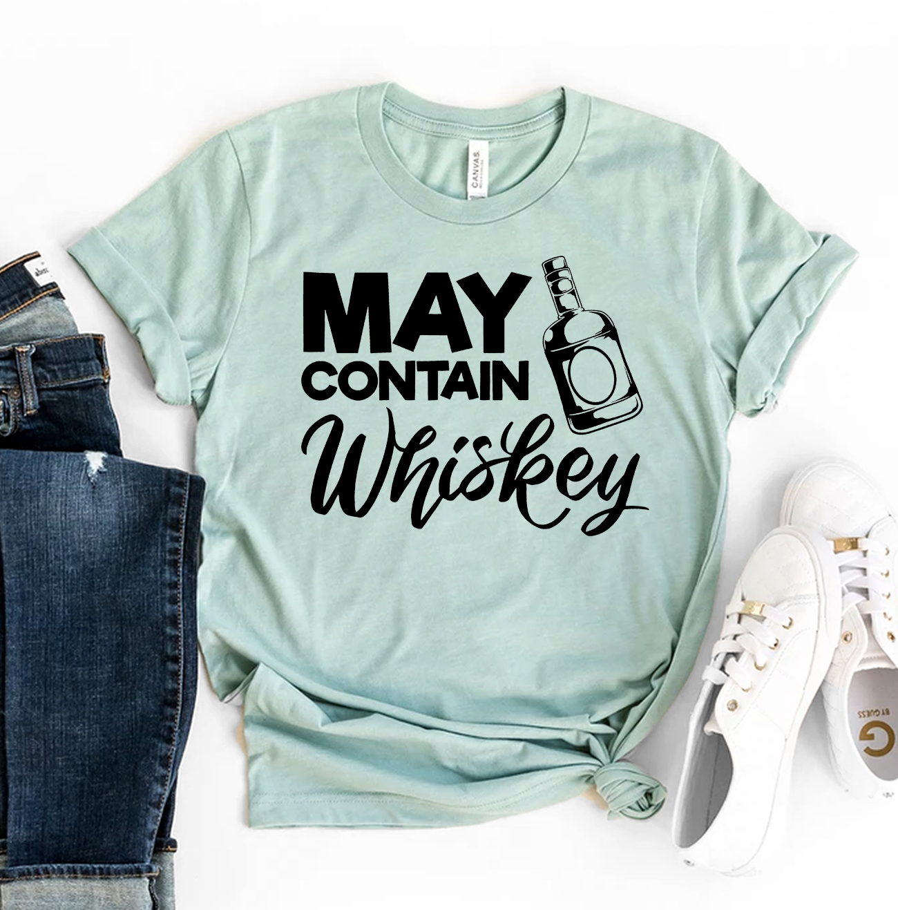 A stylish May Contain Whiskey T-shirt made from premium ring spun cotton, featuring a humorous whiskey-themed design.