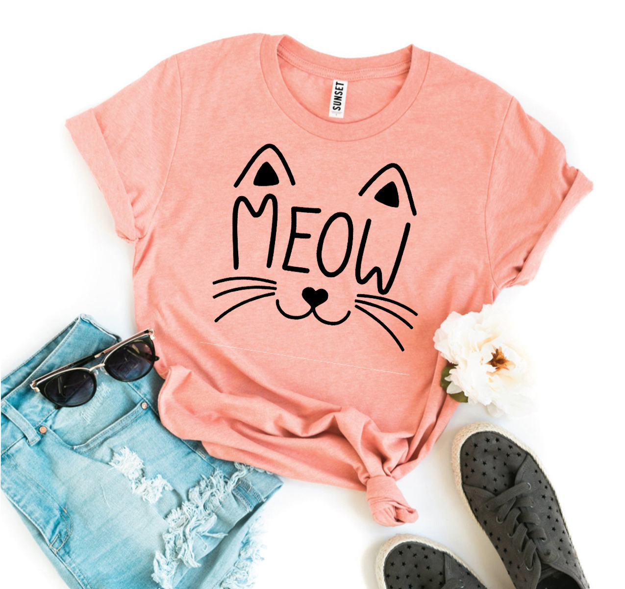 A stylish Meow T-shirt made from premium ring spun cotton, featuring a vibrant design and available in various sizes.