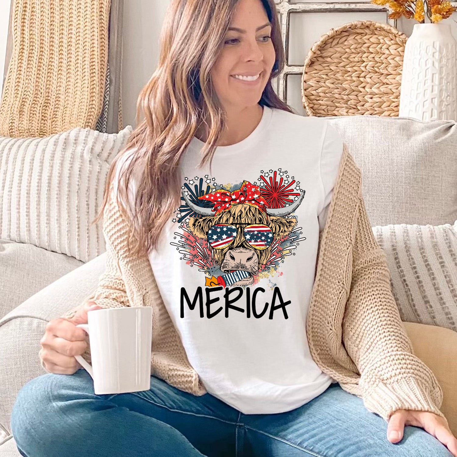 A unisex T-shirt featuring a colorful cow design with patriotic elements, perfect for casual wear.