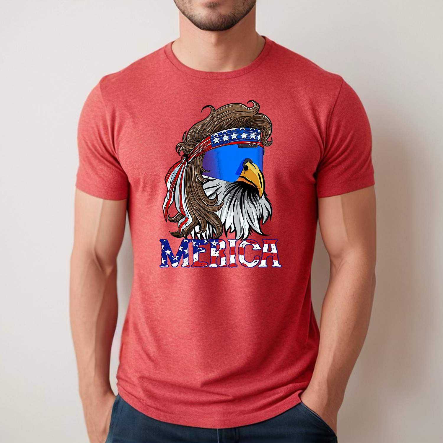 A unisex t-shirt featuring a mullet eagle graphic, showcasing patriotic colors and design, perfect for casual wear.