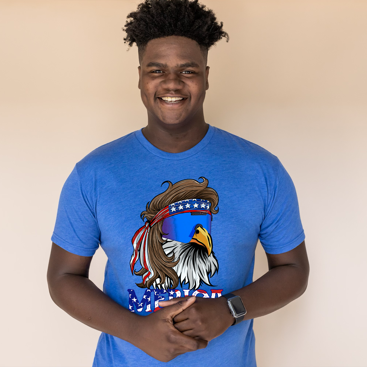 A unisex t-shirt featuring a mullet eagle graphic, showcasing patriotic colors and design, perfect for casual wear.