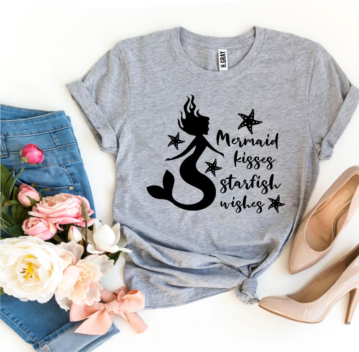Mermaid Kisses Starfish Wishes T-shirt in vibrant colors, showcasing a whimsical ocean-themed design on premium cotton fabric.