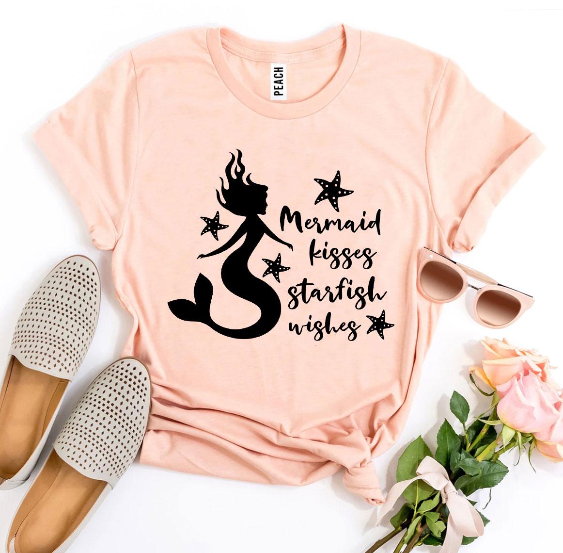 Mermaid Kisses Starfish Wishes T-shirt in vibrant colors, showcasing a whimsical ocean-themed design on premium cotton fabric.