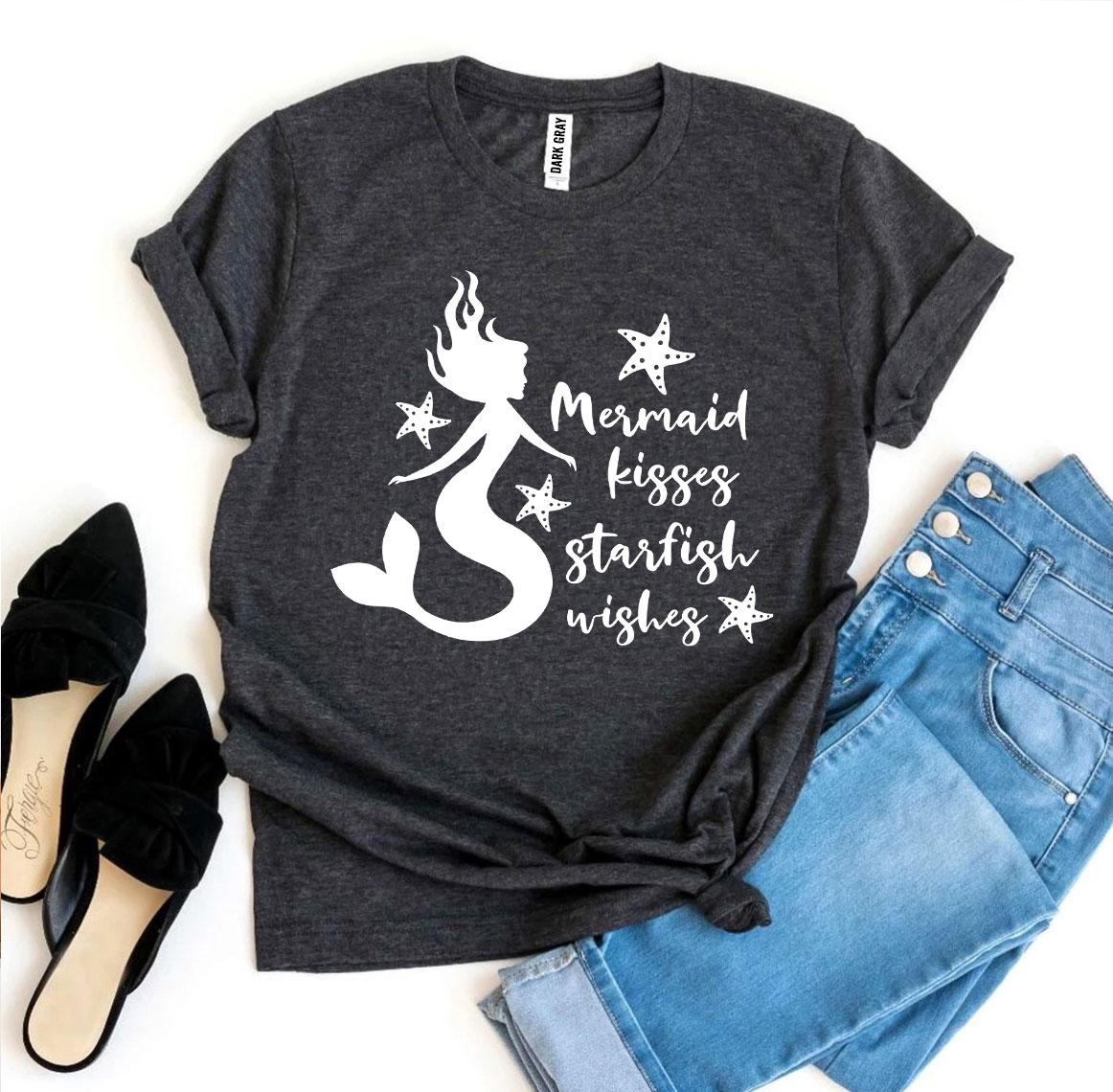 Mermaid Kisses Starfish Wishes T-shirt in vibrant colors, showcasing a whimsical ocean-themed design on premium cotton fabric.