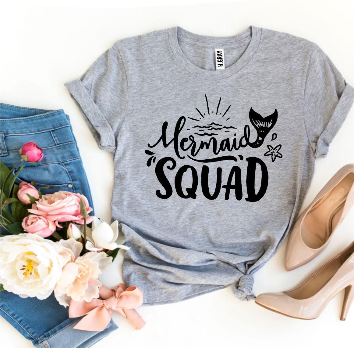 Mermaid Squad T-shirt made of premium ring spun cotton with a vibrant design, available in various sizes.