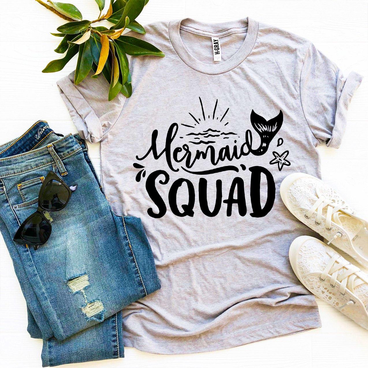 Mermaid Squad T-shirt made of premium ring spun cotton with a vibrant design, available in various sizes.