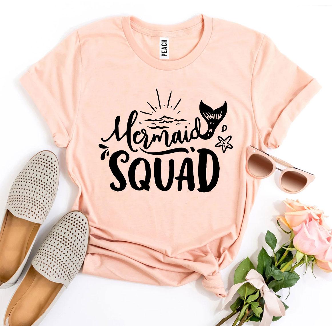 Mermaid Squad T-shirt made of premium ring spun cotton with a vibrant design, available in various sizes.