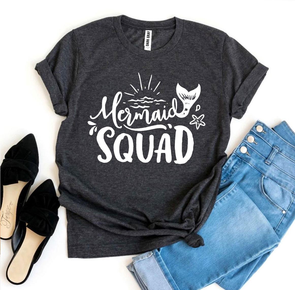 Mermaid Squad T-shirt made of premium ring spun cotton with a vibrant design, available in various sizes.