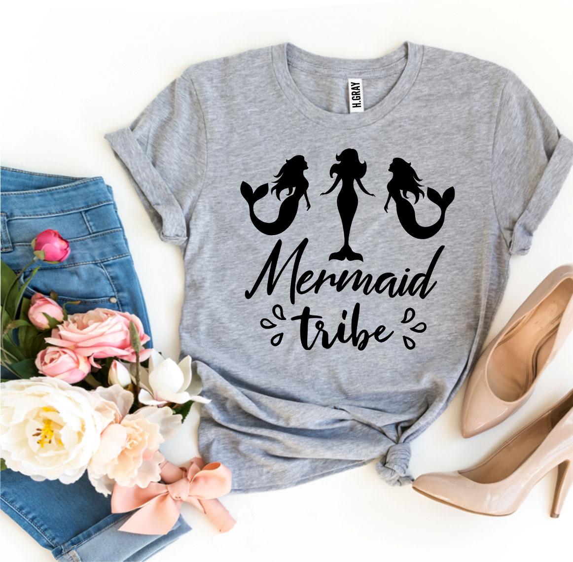 A stylish Mermaid Tribe T-shirt made from premium ring spun cotton, featuring a vibrant flex print design, available in various sizes.