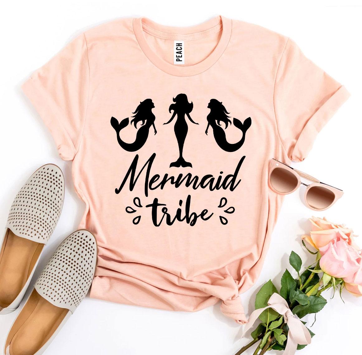 A stylish Mermaid Tribe T-shirt made from premium ring spun cotton, featuring a vibrant flex print design, available in various sizes.