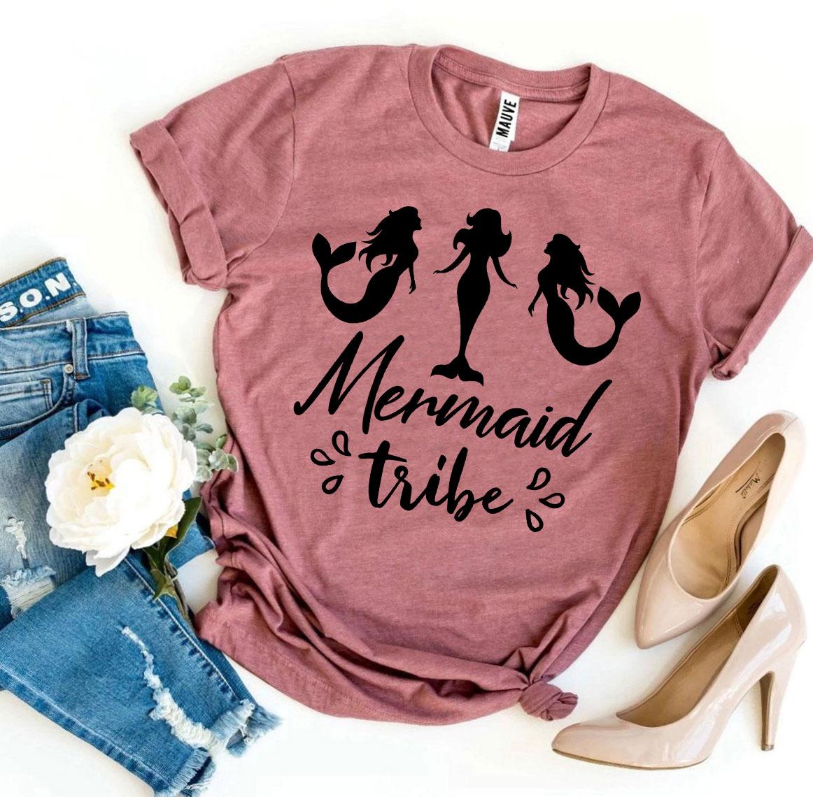 A stylish Mermaid Tribe T-shirt made from premium ring spun cotton, featuring a vibrant flex print design, available in various sizes.