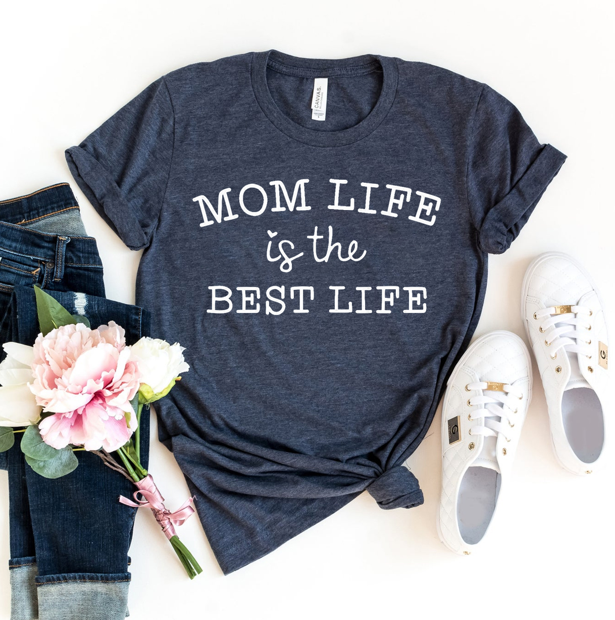 A stylish 'Mom Life Is The Best Life' T-shirt made from premium ring spun cotton, featuring a soft feel and high-quality flex print design.