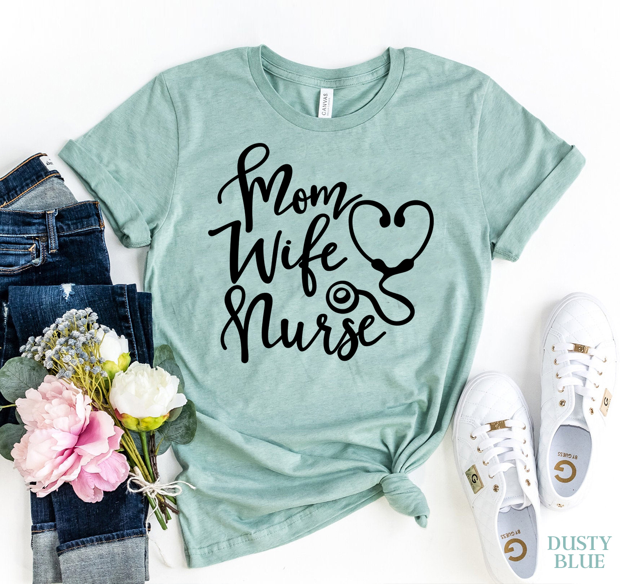 Mom Wife Nurse T-shirt made of premium ring spun cotton, featuring a stylish design with soft textile flex print.