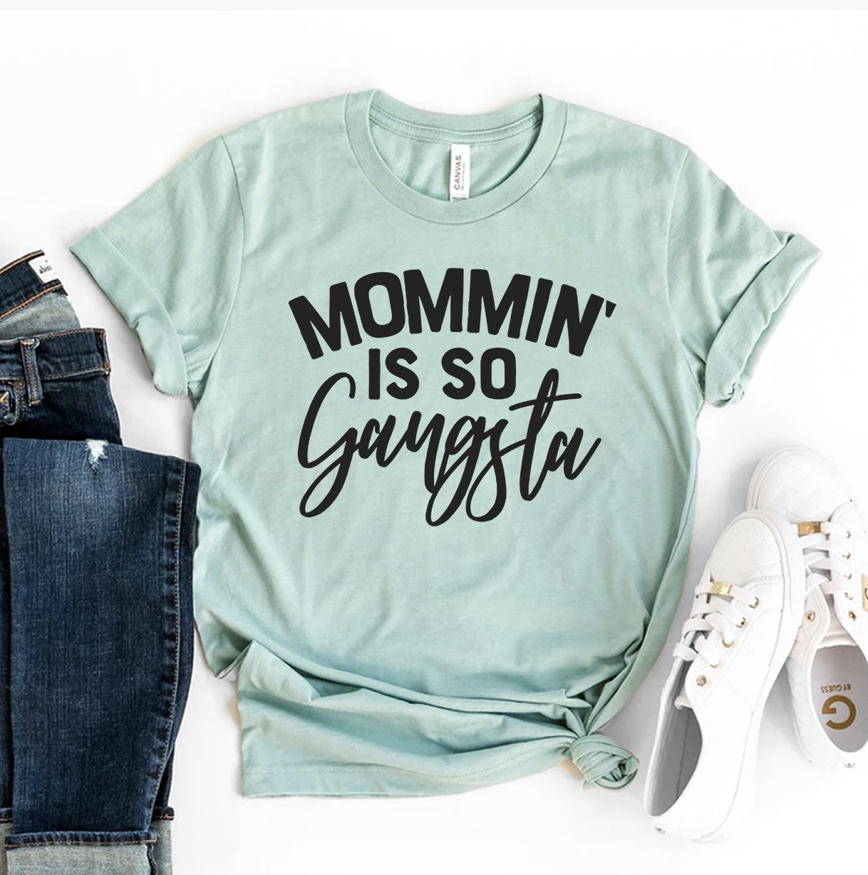 Mommin Is So Gangsta T-shirt made of premium ring spun cotton with a stylish print, available in various sizes.