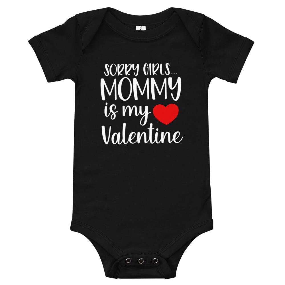 A cute baby wearing a Mommy Is My Valentine Onesie, showcasing its vibrant colors and playful design, perfect for Valentine's Day.