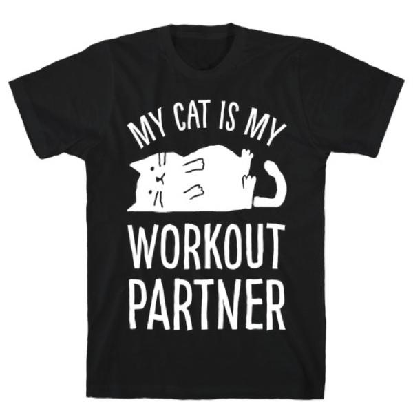 A stylish t-shirt featuring the phrase 'My Cat Is My Workout Partner', made from soft ringspun cotton, perfect for cat lovers and fitness enthusiasts.