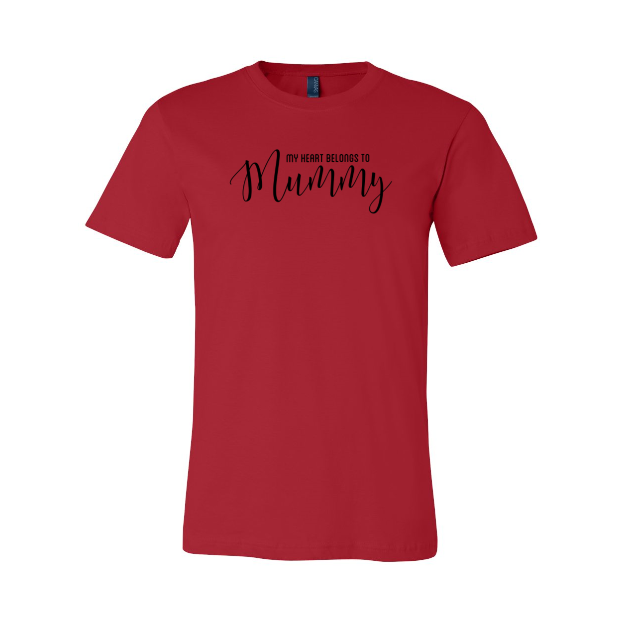 A unisex T-shirt featuring the phrase 'My Heart Belongs To Mummy' in a stylish print, available in various colors.