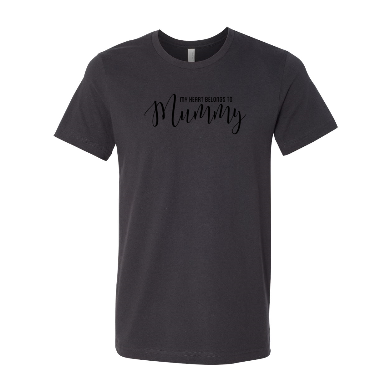 A unisex T-shirt featuring the phrase 'My Heart Belongs To Mummy' in a stylish print, available in various colors.