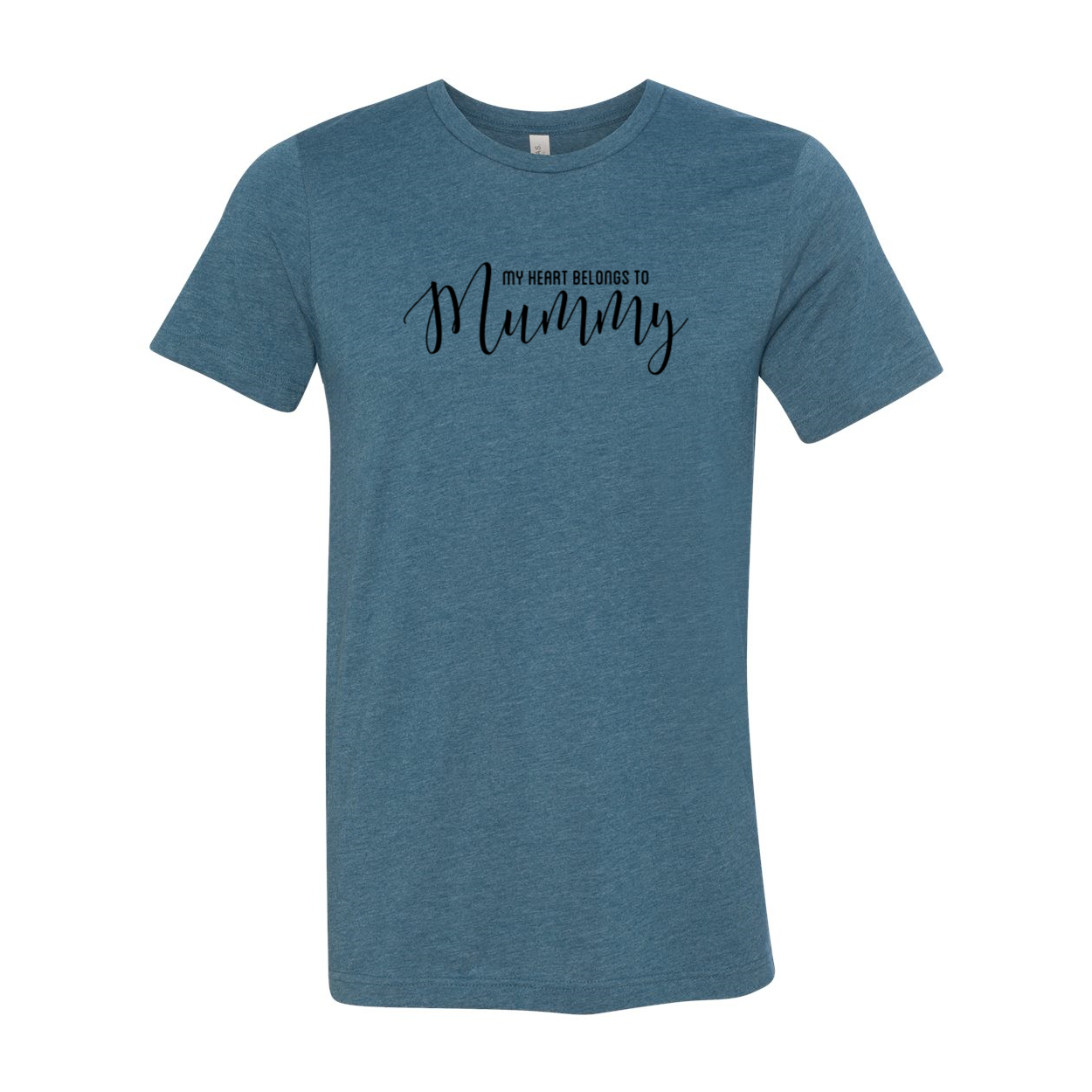 A unisex T-shirt featuring the phrase 'My Heart Belongs To Mummy' in a stylish print, available in various colors.