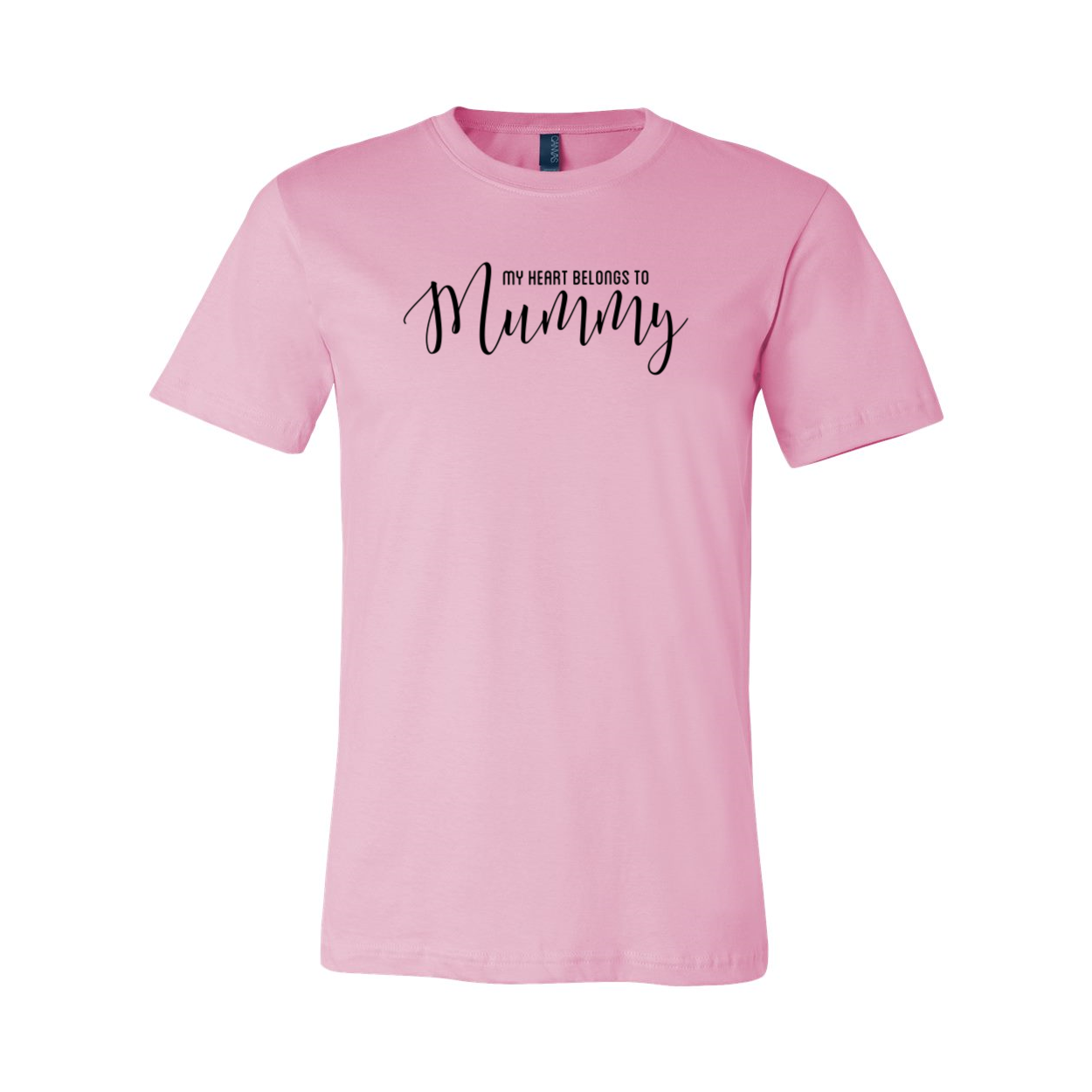 A unisex T-shirt featuring the phrase 'My Heart Belongs To Mummy' in a stylish print, available in various colors.