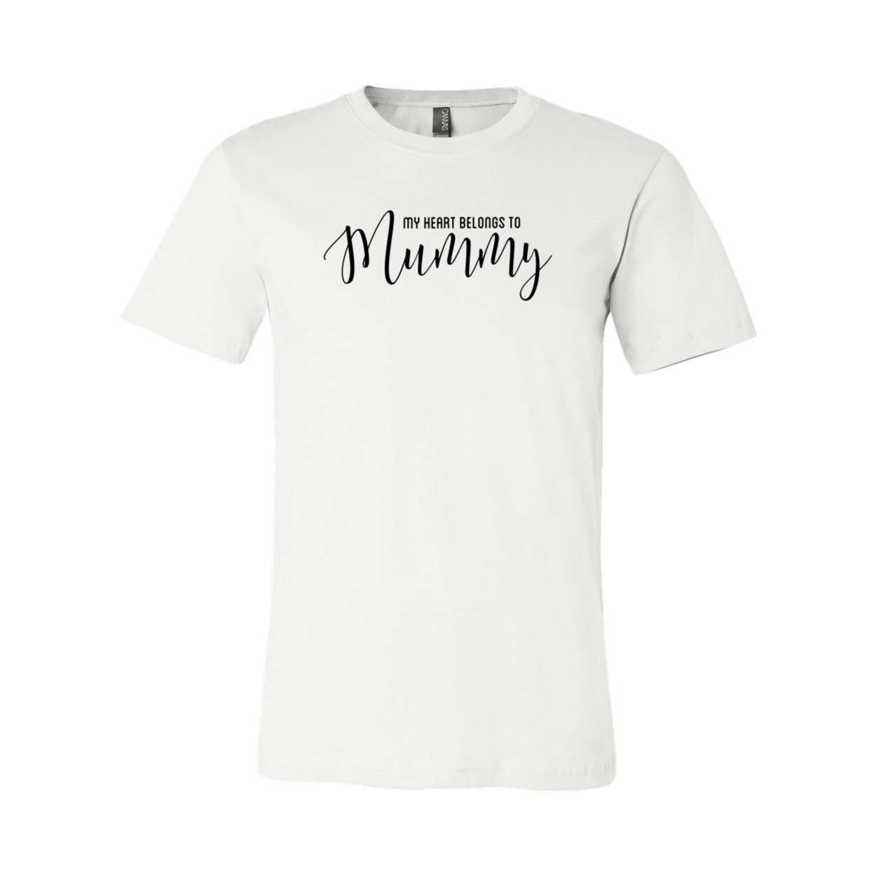 A unisex T-shirt featuring the phrase 'My Heart Belongs To Mummy' in a stylish print, available in various colors.