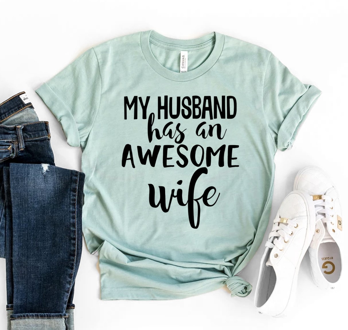 A stylish My Husband Has an Awesome Wife T-shirt made from premium ring spun cotton, featuring a vibrant flex print design.