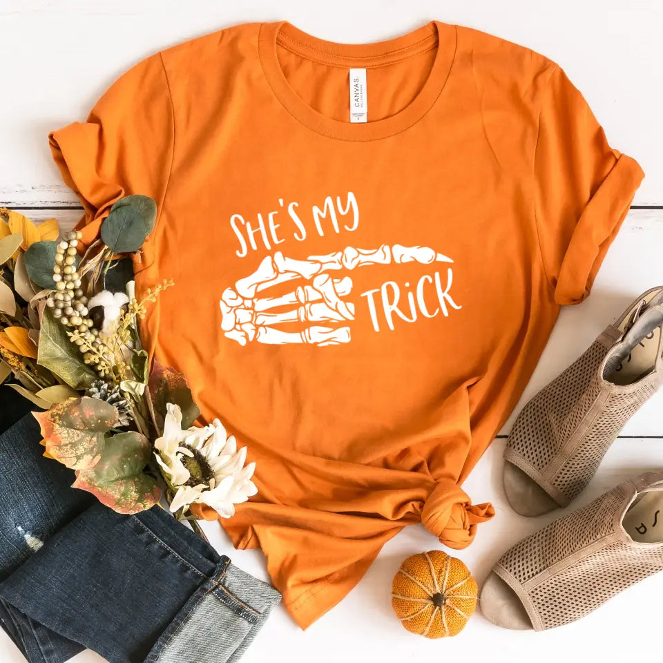 My Trick and My Treat Halloween Couples Tee featuring a playful design, perfect for couples celebrating Halloween together.