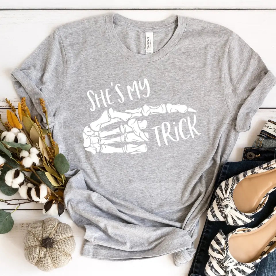 My Trick and My Treat Halloween Couples Tee featuring a playful design, perfect for couples celebrating Halloween together.